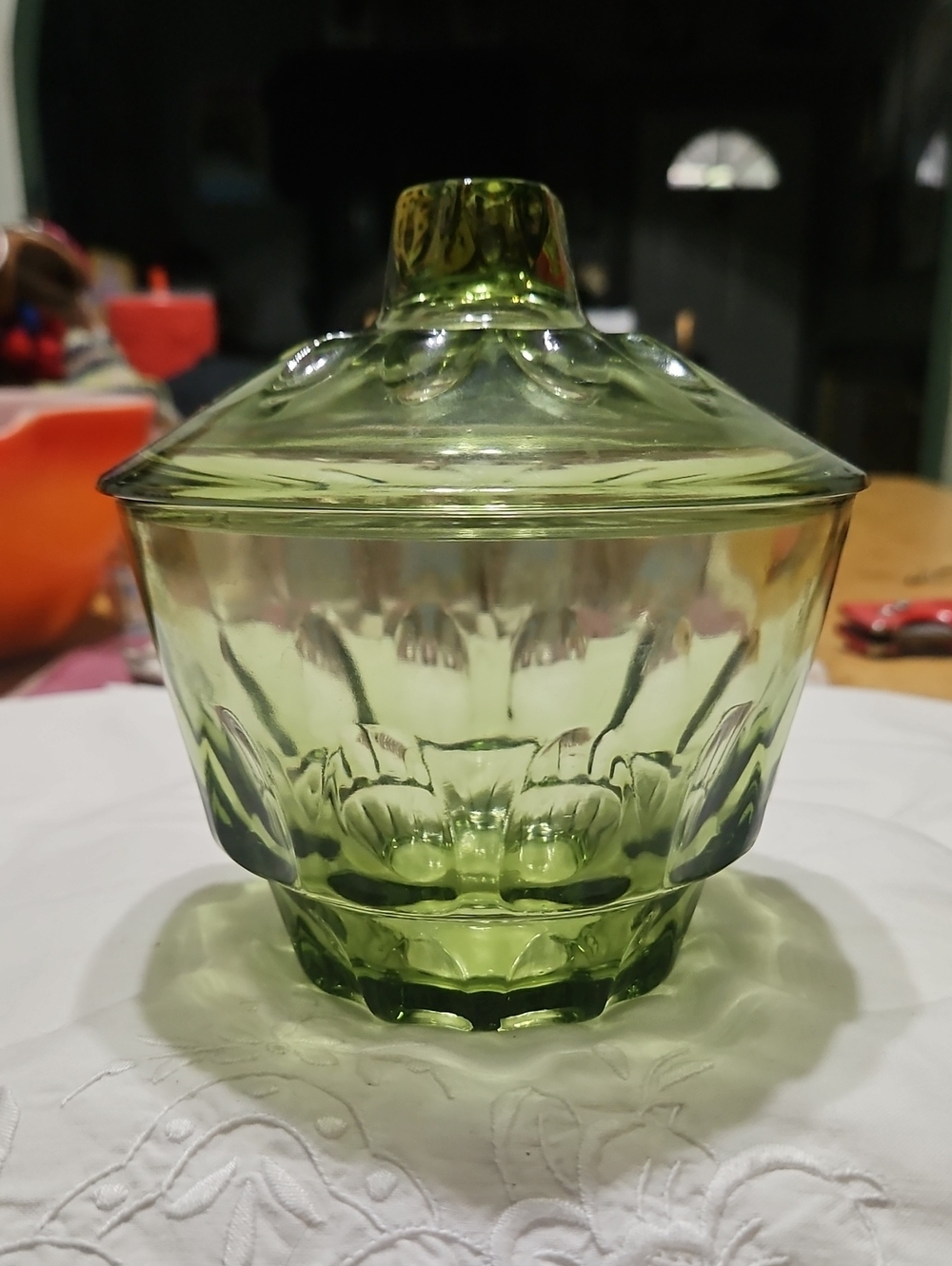 Vintage Hazel Atlas 'Reflection' Avocado Green Lidded Glass Candy Dish